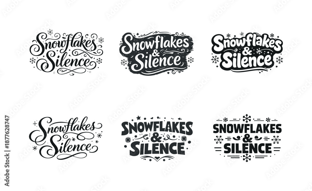 Fototapeta premium Creative Lettering Grid. Snowflakes and silence. Set lettering. harmonious lettering variations of the same emblematic concept, each with different artistic