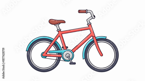 A simple, cartoon-style illustration of a red bicycle with light blue fenders and a brown seat