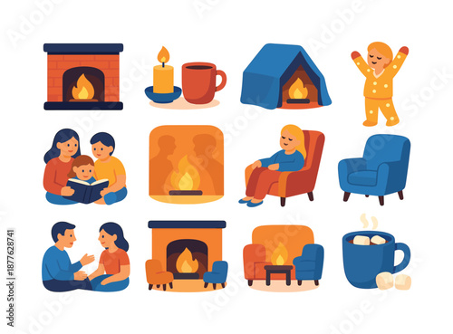 Cozy Evening Icons. Evening by the fire. Colorful flat vector icons set of evening by the fire: low-lit fireplace, tea and candlelight, blanket fort near