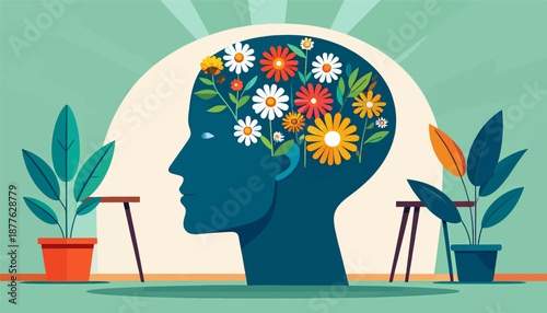 A profile silhouette of a head filled with colorful flowers and foliage