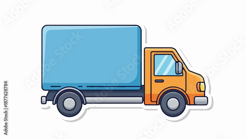 A simple, colorful cartoon illustration of an orange truck with a blue cargo box on a white background