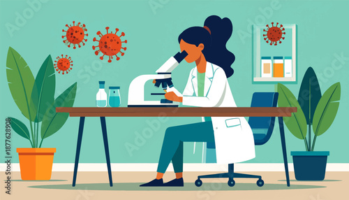 A scientist peers through a microscope at viruses, surrounded by plants and lab equipment