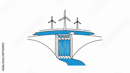 A simplified drawing of a dam with turbines and wind generators atop