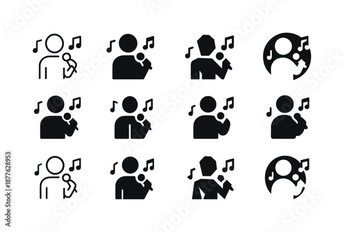 Concert Singing Icons. Singing at live performances and concerts. Icon set. Set Logo of Singing at live performances and concerts: musical notes around