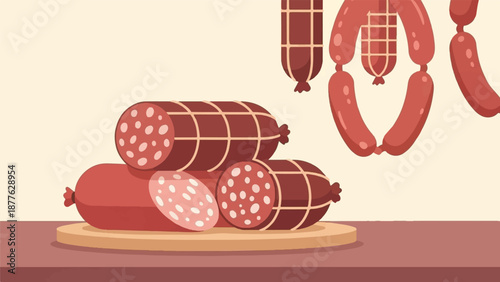 A simple flat illustration of several sausages, some whole and some sliced, arranged on a wooden board