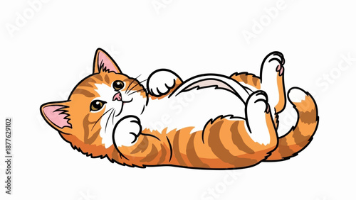 A playful orange tabby kitten is cartoonishly illustrated lying on its back, paws up