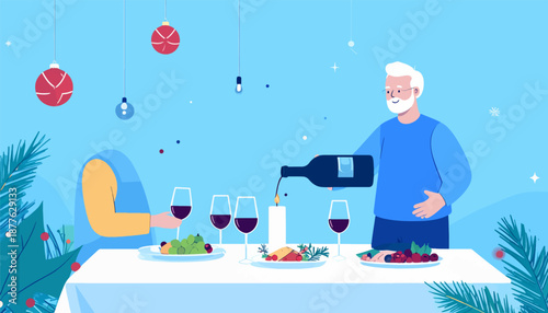 A senior man pours wine at a festive table setting, with a companion present
