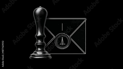 A grayscale depiction of an envelope sealed with wax, with a wooden stamp beside it, against a black background