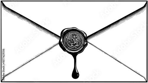 A black and white illustration of a sealed envelope with a detailed wax seal, dripping down