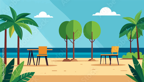 A serene beach scene with palm trees, chairs, and tables near the ocean