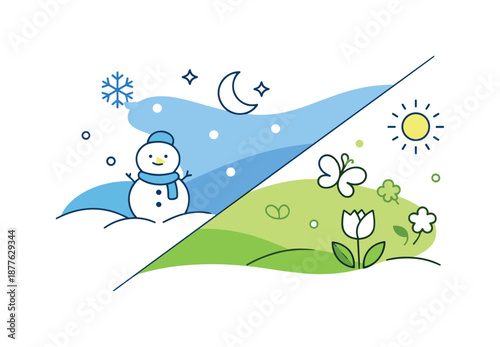 Seasonal Transformation Abstraction. Seasonal Split Backgrounds. Abstract background split diagonally into winter blues and spring greens with minimal seasonal