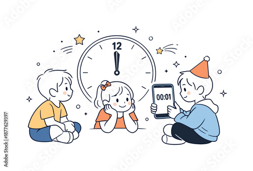 Midnight Countdown Anticipation. Children waiting for midnight countdown. Children looking at a clock or phone showing the final minutes before midnight. Quiet