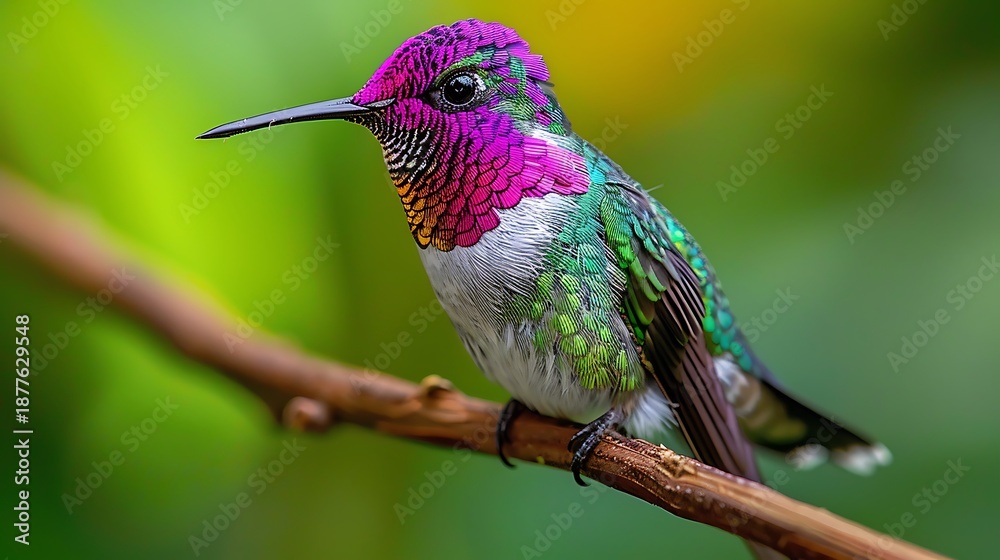Fototapeta premium Vibrant Hummingbird Perched on Branch with Colorful Plumage Against Soft Green Background in Nature's Beauty