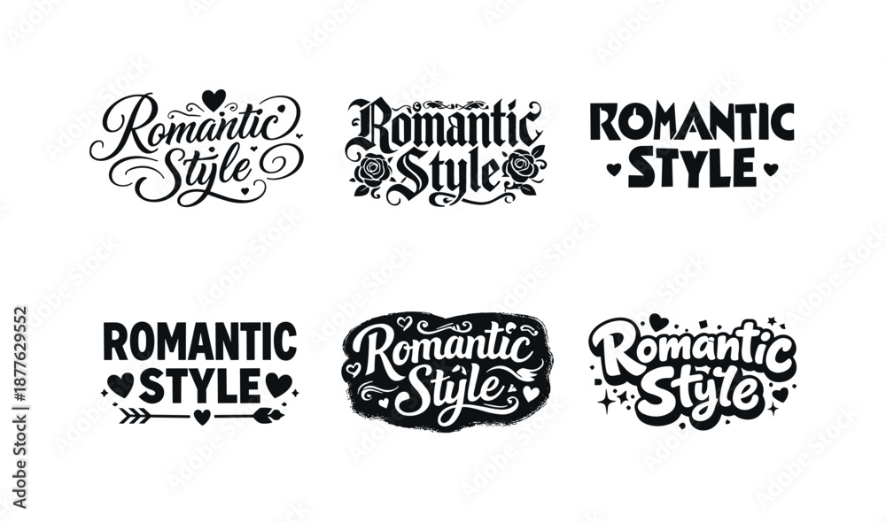 Obraz premium Lettering Styles Grid. Romantic brand promotion. Set lettering. harmonious lettering variations of the same emblematic concept, each with different artistic