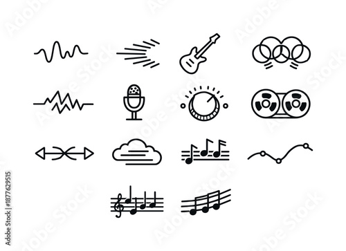 Indie Sound Icons. Indie sound elements. Line icon set of Indie sound elements: reverb wave, echo lines, clean guitar tone, chorus effect, lo-fi crackle, soft