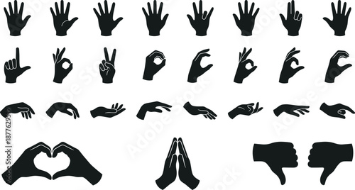 Black hand gesture icon set showing signs signals approval dislike prayer love communication vector design collection symbols illustrations graphics elements