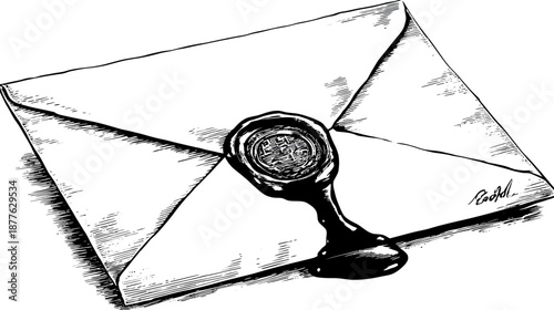 Monochrome illustration of an envelope sealed with wax. Hatching lines used throughout. A signature is present