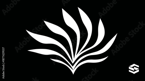 Stylized, white illustration of a plant-like form with elongated, curved leaves against black