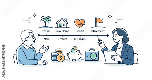 Retirement Planning Insights. Retirement planning discussion. A client and advisor reviewing future goals with timeline and savings icons. The scene conveys