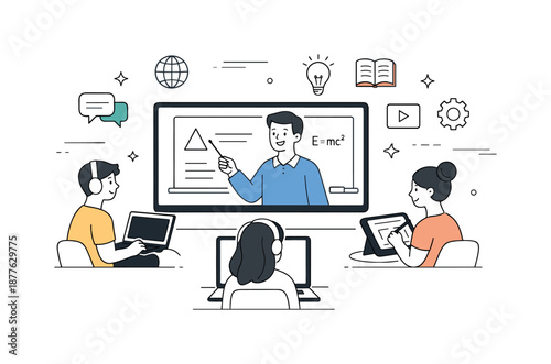 Virtual Classroom Scene. Online education and virtual classroom. A teacher explaining a lesson on a screen while students watch from laptops and tablets. Calm