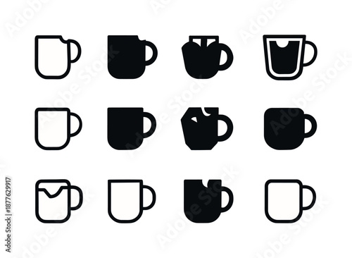 Chipped Mug Logos. Chipped Mug. Icon set. Set Logo of chipped mug: worn handle curve. harmonious logo variations of the same emblematic concept, each with
