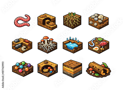 Underground Ecosystem Icons. Underground life. Colorful isometric vector icons set of underground life: earthworm, mole tunnel, roots network, buried stones,