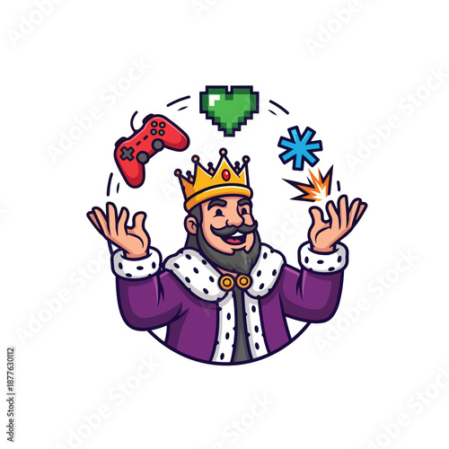 Cartoon King Juggling Gaming, Health, and Opportunities - A Creative Vector Illustration
