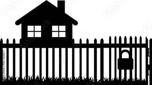A silhouette of a house behind a picket fence with a locked gate and blades of grass