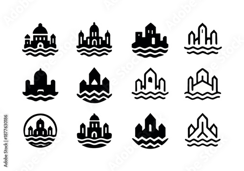 Atlantean Icons Set. Atlantean myth. Icon set. Set Logo of Atlantean myth: submerged city skyline. harmonious logo variations: Stylized detail, Symmetrical