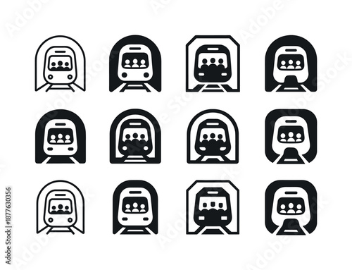 Subway Icon Variations. A subway train moving through underground tunnels, with passengers inside. Icon set. Set Logo of a subway train moving