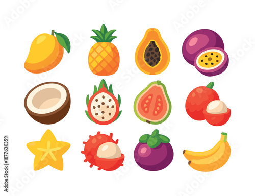 Tropical Fruit Icons. Tropical Fruits. Colorful flat vector icons set of Tropical Fruits: mango, pineapple, papaya, passionfruit, coconut half, dragonfruit,