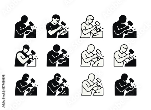 Sculptor Emblem Icons. Sculptors shaping their creations. Icon set. Set Logo of Sculptors shaping their creations: hand carving stone block. harmonious logo