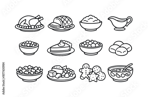 Holiday Feast Icons. Holiday feasts. Line icon set of holiday feasts: roast turkey, glazed ham, mashed potatoes, gravy boat, cranberry sauce, pumpkin pie,