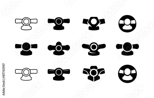 Faucet Handle Icons. sink faucet handle. Icon set. Set Logo of sink faucet handle: iconic faucet shape. harmonious logo variations of the same emblematic