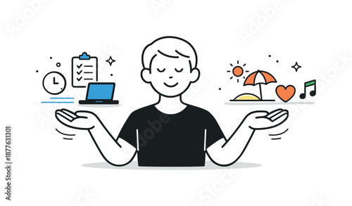 Balanced Time Management. Balanced priorities. A character holding simple icons for work tasks and personal time, evenly spaced. Visual metaphor of harmony,
