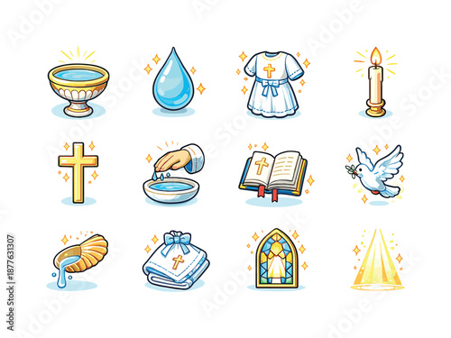 Christian Baptism Symbols. Christian baptism. Colorful isometric vector icons set of Christian baptism: baptismal font, water droplet symbol, white baptismal