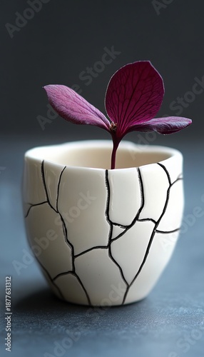 Wildflowers blooming through a naturally cracked ceramic vase  a touch of poetic realism