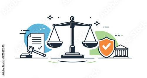 Scales of Justice. Law and Justice Concept. A modern symbolic composition with scales of justice centered in a harmonious layout, surrounded by abstract shapes