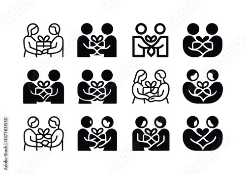 Gift Exchange Emblems. happy couple exchanging thoughtful gifts. Icon set. Set Logo of happy couple exchanging thoughtful gifts: intertwined ribbons.