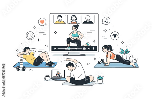 Virtual Fitness Class. Fitness class online session. People exercising at home through a video class interface. Modern digital fitness and comfortable remote