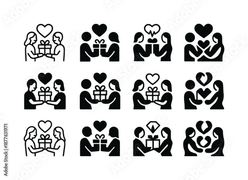 Gift Exchange Icons. happy couple exchanging thoughtful gifts. Icon set. Set Logo of happy couple exchanging thoughtful gifts: heart pulse around gift.