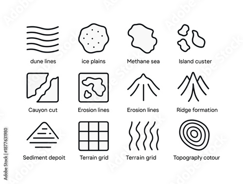 Titan's Surface Icons. Titan surface features. Line icon set of Titan surface features: dune lines, ice plains, methane sea outline, coastline pattern, island