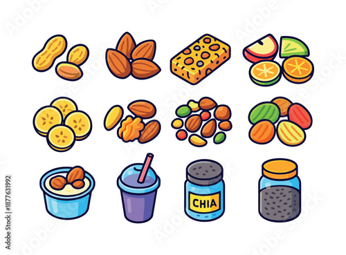 Colorful Healthy Snack Icons. Healthy snacks. Colorful isometric vector icons set of healthy snacks: peanuts, almonds, granola bar, fruit slices, dried banana