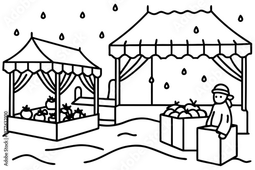 black and white illustration of a man standing next to a fruit stand on a rainy day