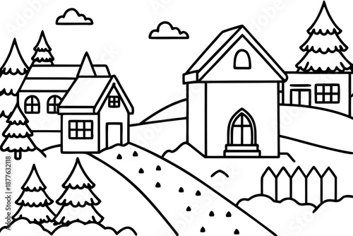 Black and white illustration of a snowy village with houses and trees