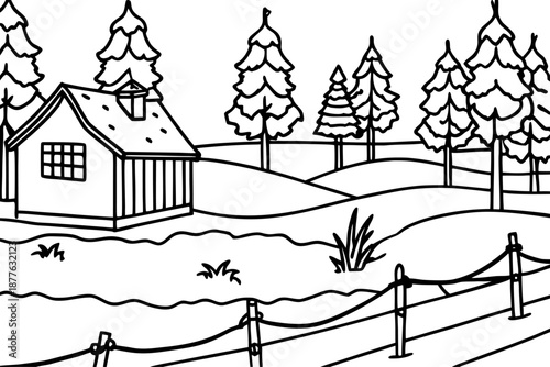 black and white illustration of house in winter landscape with trees and fence
