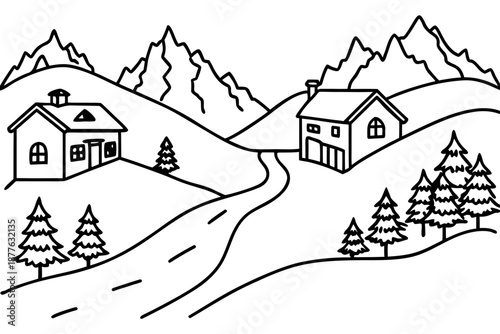 black and white illustration of houses and trees on a hillside road