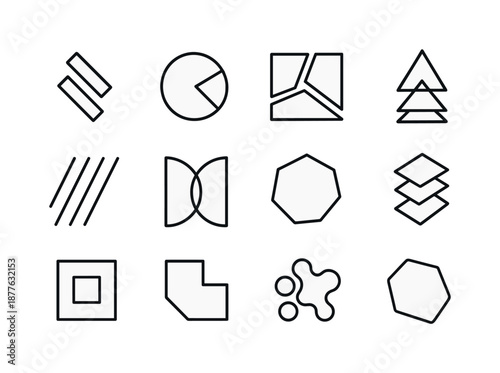 Geometric Icon Set. Geometric abstraction. Line icon set of Geometric abstraction: angled shapes, cut-out circle, fragmented square, layered triangles, offset