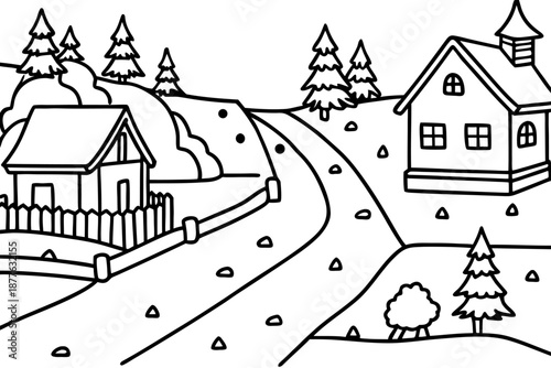 black and white illustration of houses and trees on a snowy hill side