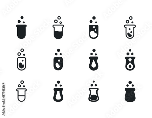 Chemical Experiment Logos. Chemical experiment. Icon set. Set Logo of chemical experiment: reaction vial. harmonious logo variations of the same emblematic